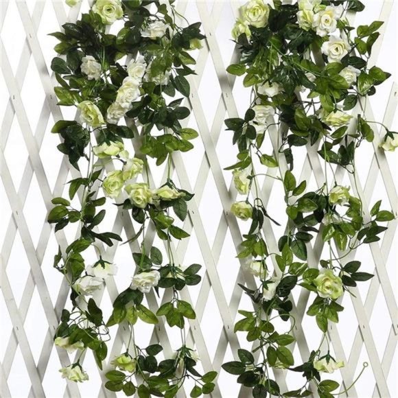 Artificial RoseVines Flower Garland Hanging Silk RoseVine Wedding,OffWhite+Green - Picture 1 of 6